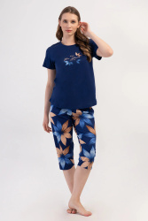 piżama damska KWIATY granat/beż 2XL-3XL (48-50)